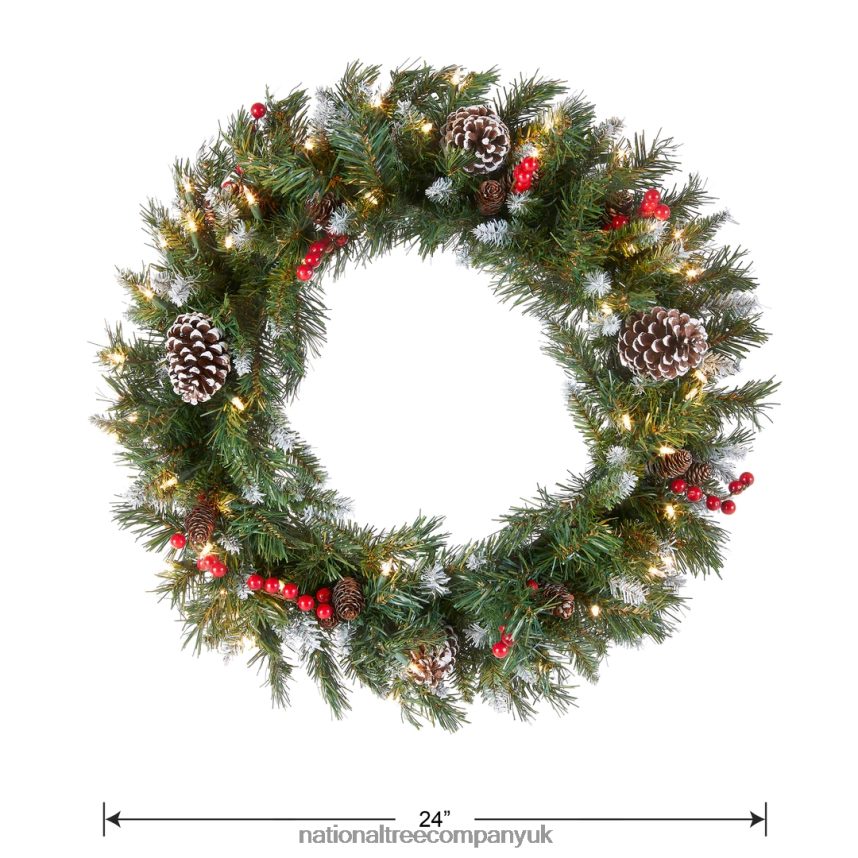 Greenery | National Tree Company Pre-Lit Artificial Christmas Wreath Green Frosted Berry White Lights Decorated with Pine Cones Berry Clusters Frosted Branches Christmas Collection 24 Inches F